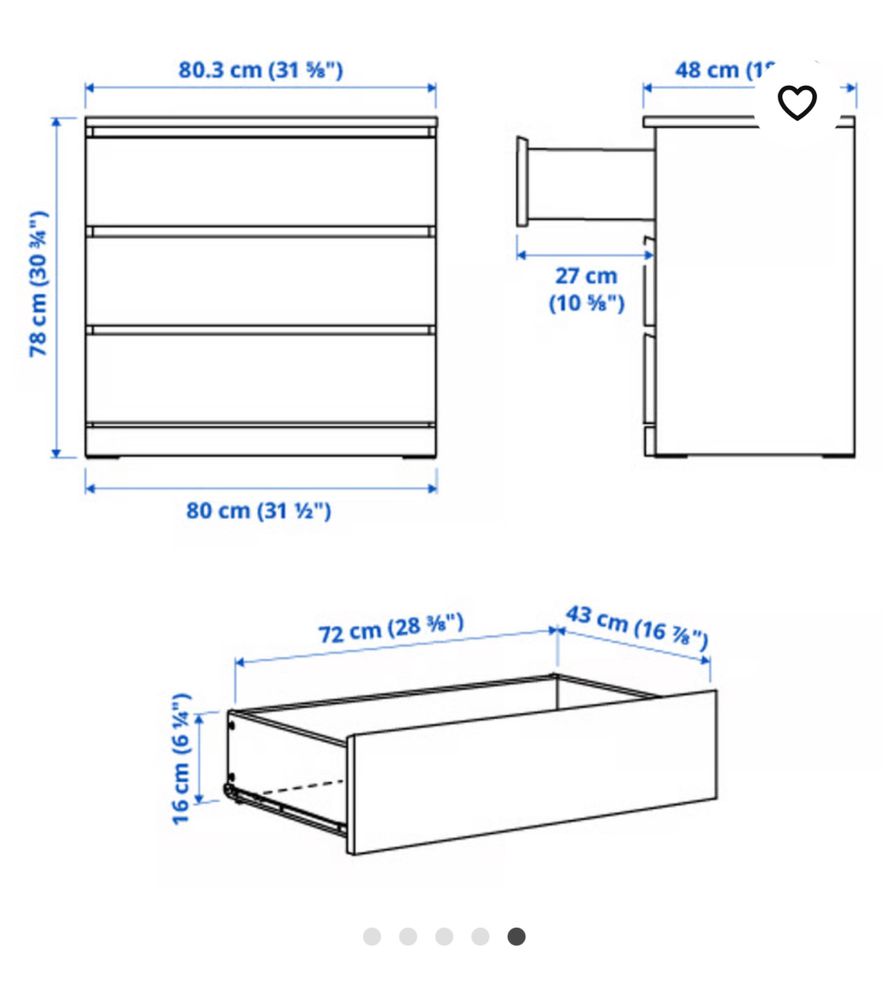 MALM Cómoda c/3 gavetas, branco, 80x78 cm