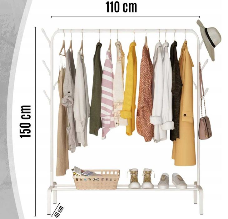 Wieszak podłogowy STOJAK NA UBRANIA buty stojący do garderoby BIAŁY