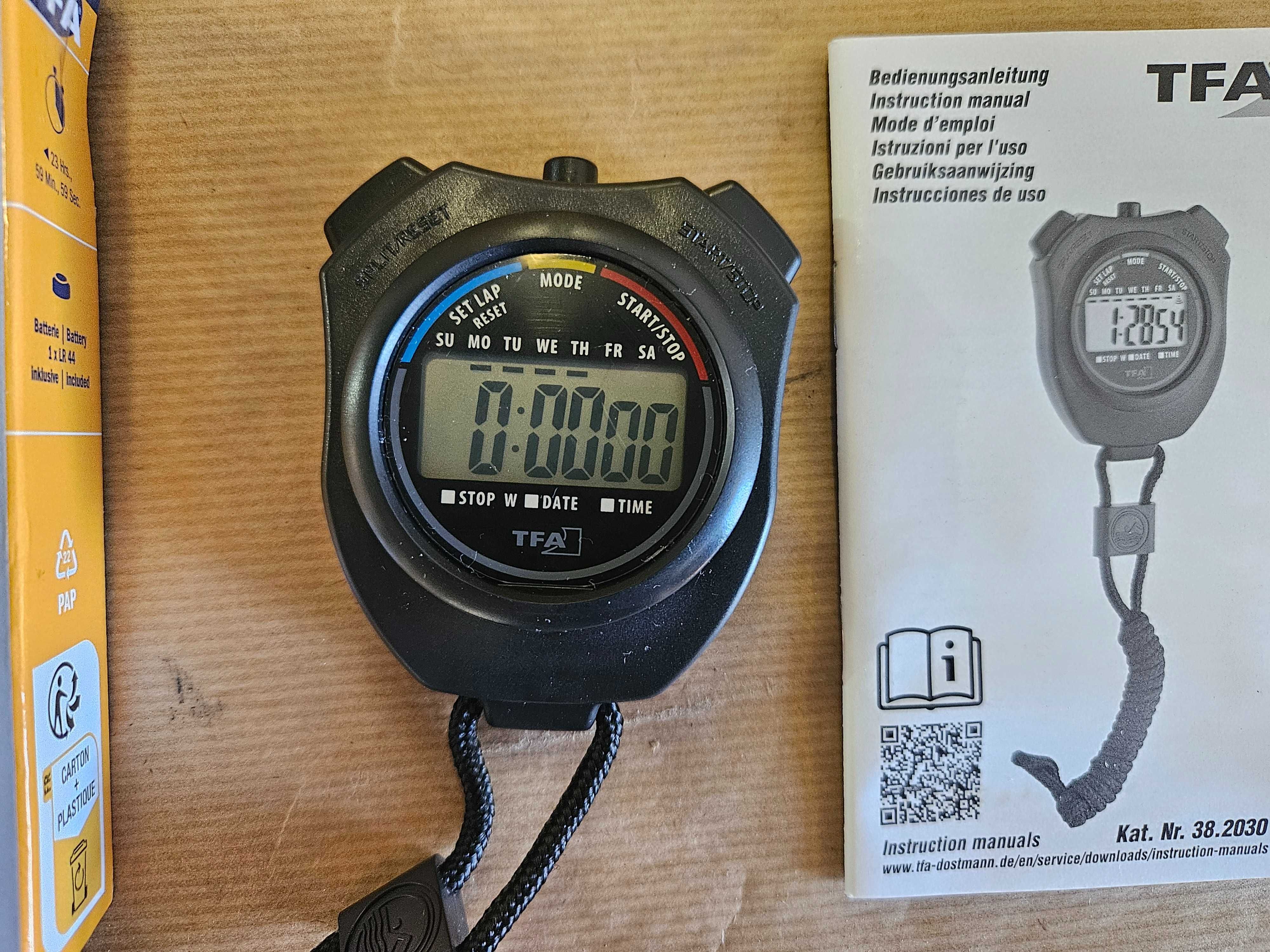 Stoper TFA 38.2030, zegar, alarm z funkcją snooze, 1/100 sekundy