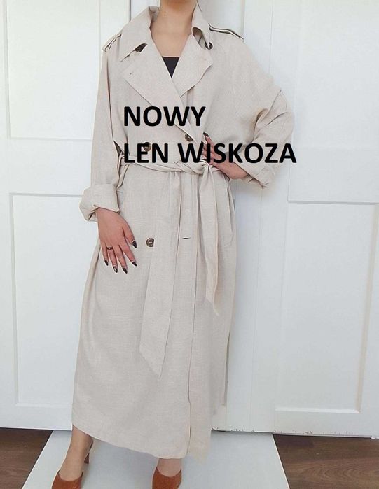 Lniany letni wiosenny płaszcz trencz vintage len wiskoza M L XL nowy