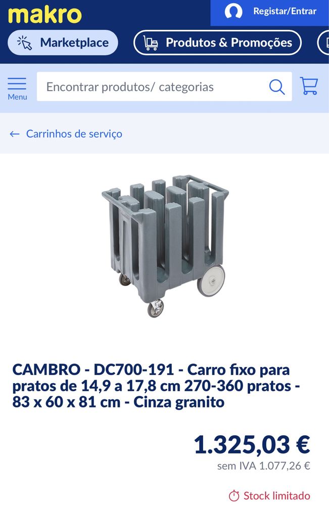 Carro fixo para pratos marca Cambro