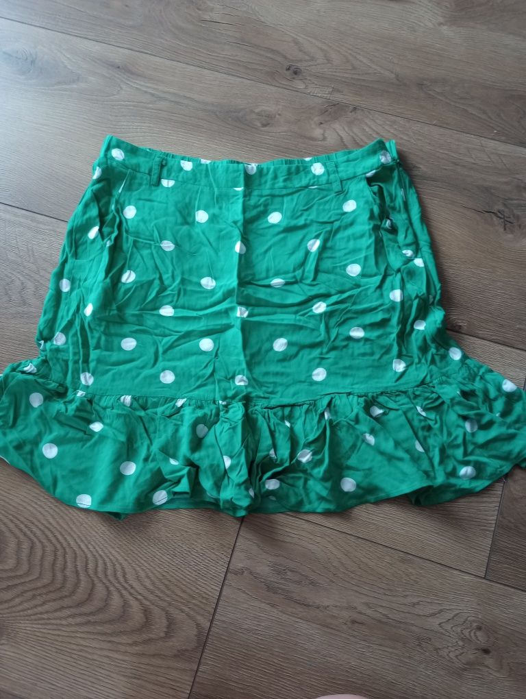 Bawełniana zielona spódnica w Białe kropki gumka w pasie h&m