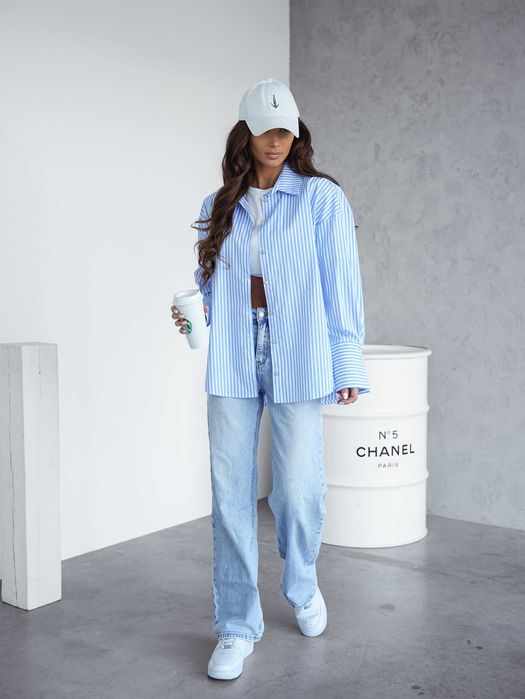 Koszula damska oversize STRIPES paski niebiesko biała rozmiar M/L