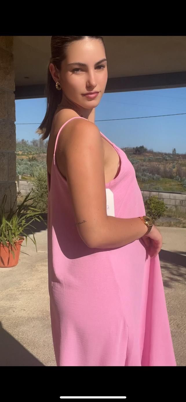 Vestido longo rosa fluido com alças finas – tamanho único