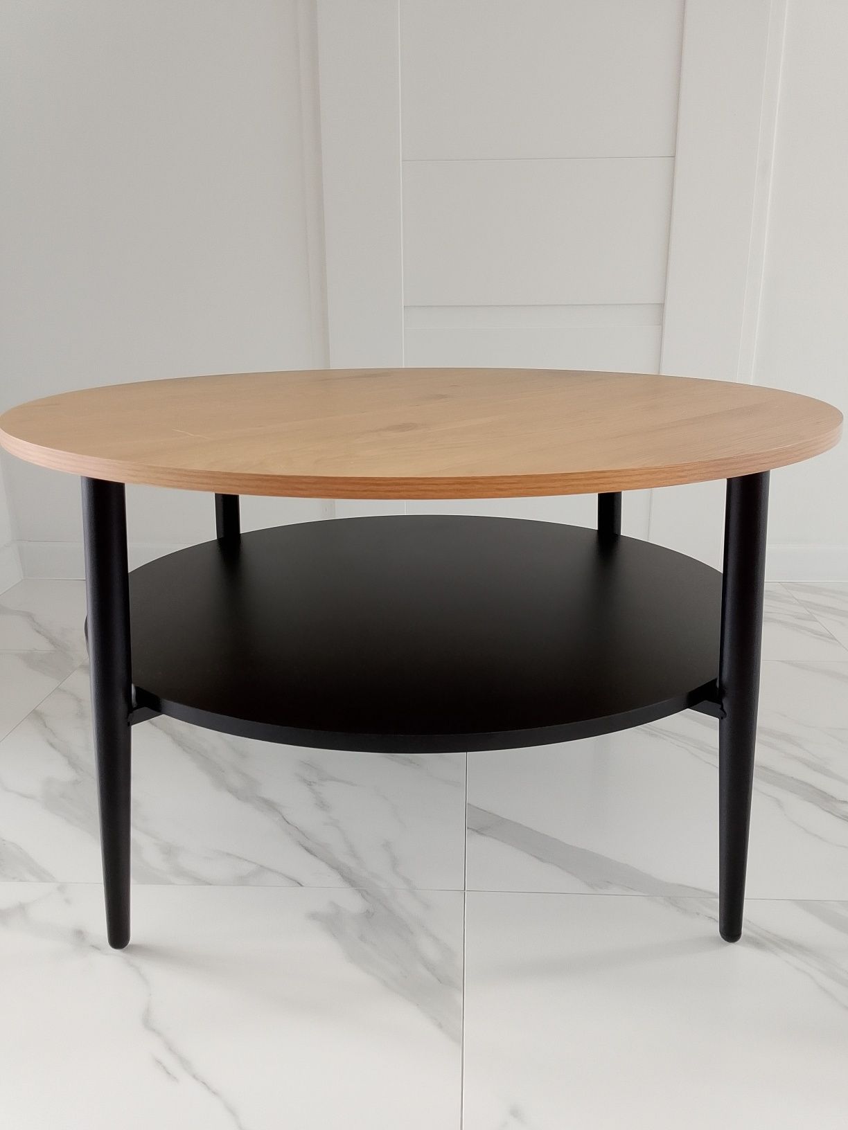 Stolik dębowy okrągły z dolnym blatem 80cm
