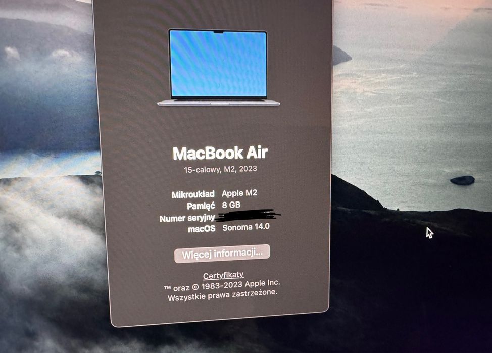 Macbook Air 15 cali M2 8 512 Midnight