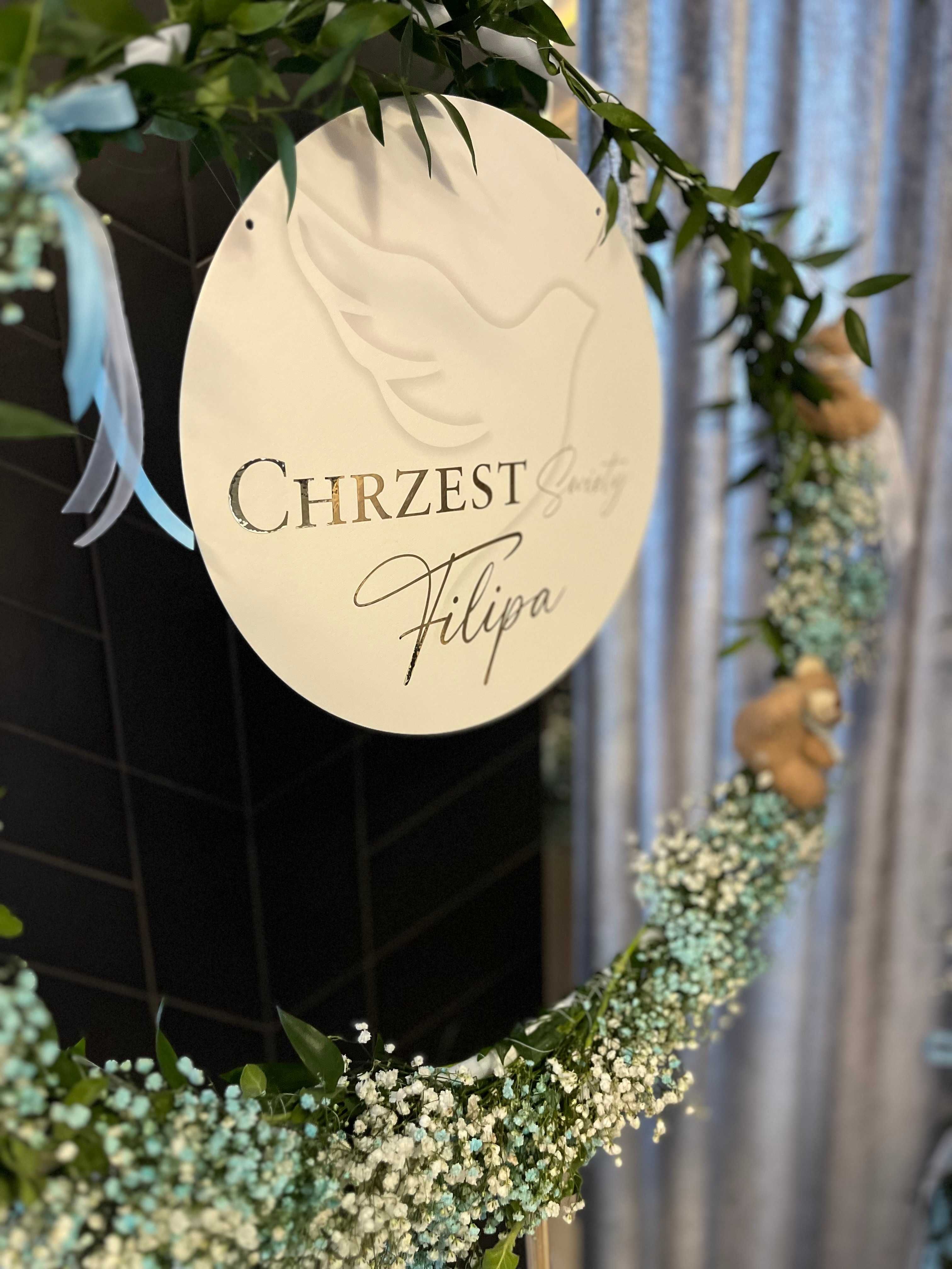Napis Chrzest Święty Filipa Koło Tablica, baner 39 cm tektura biała