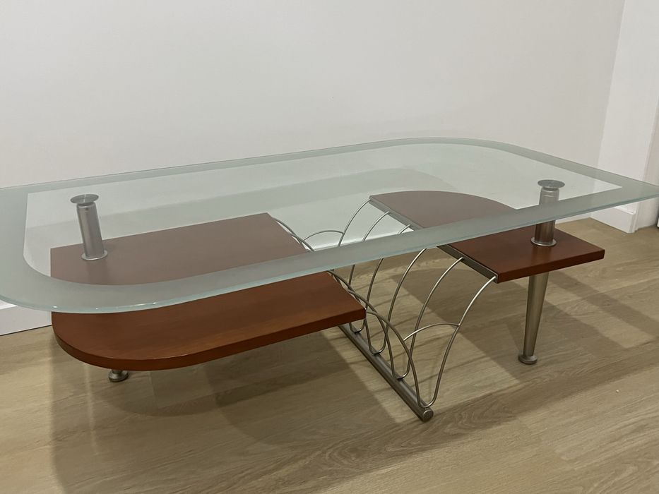 Mesa de centro sala madeira cerejeira vidro e inox