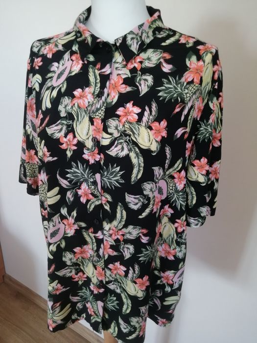 Kolorowa bluzka damska krótki rękaw kwiaty koszulowa wiskoza vintage r