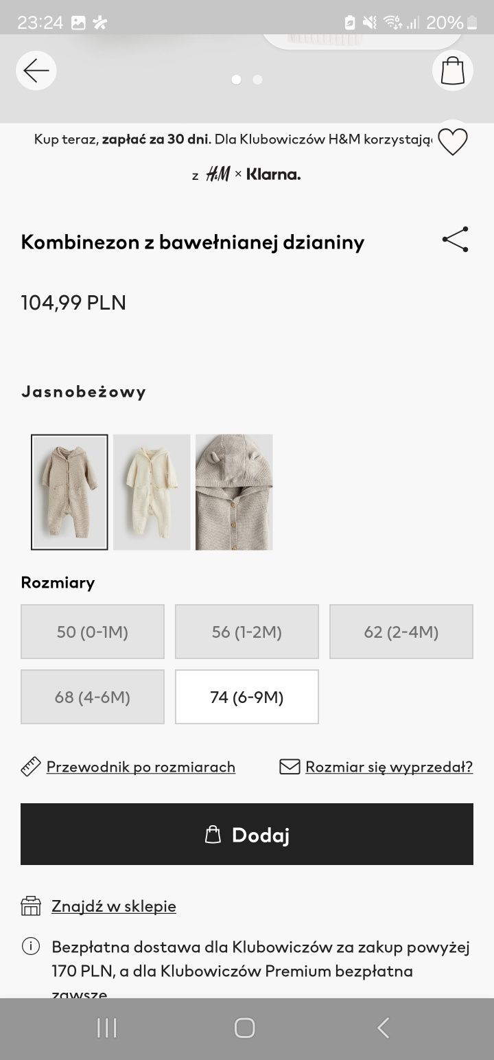Sprzedam kombinezon  z bawełny dzianinowej H&M roz.68