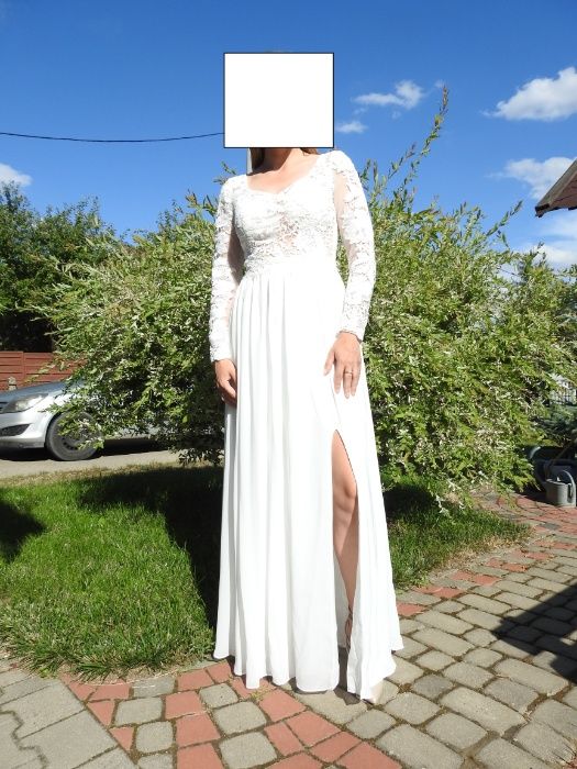 Suknia ślubna z długim rękawem, rozcięcie na udzie, rozmiar 34-36