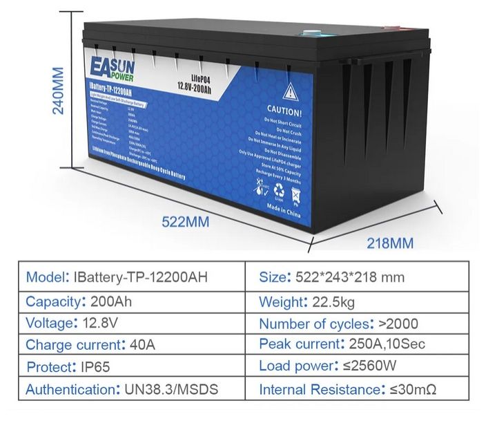 Акумуляторна батарея EASUN LiFePo4 12V 200Ah BMS  Аккумулятор