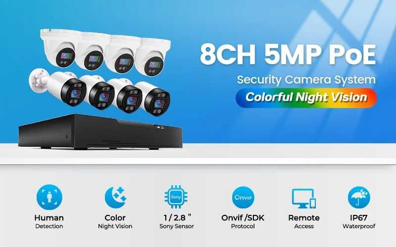 CCTV Sistema Vídeo Vigilância POE +8 Câmaras 4K 5MP APP TUYA (NOVO)