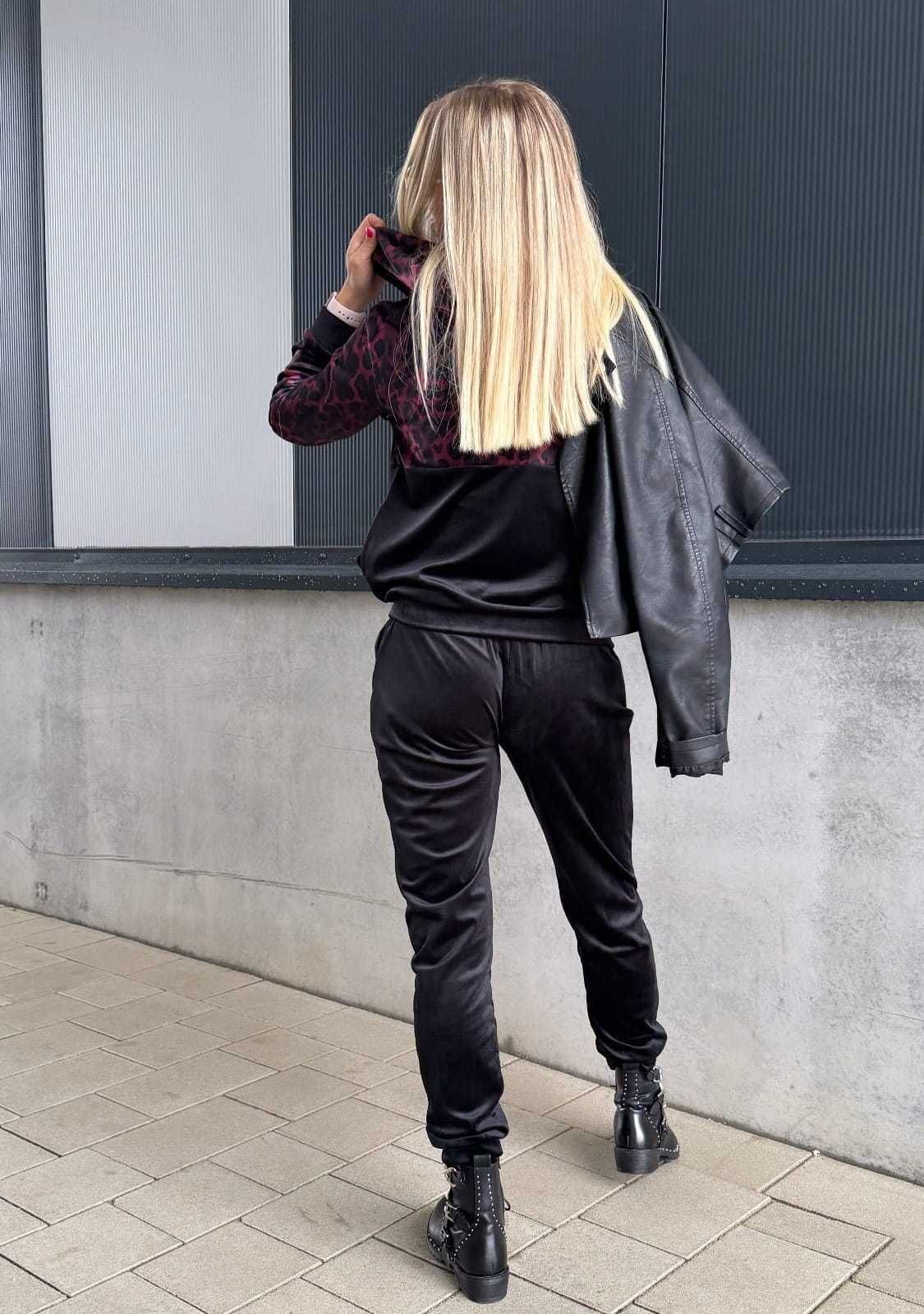 Dresy damskie welurowe w panterkę spodnie + bluza bordowe r.S wys.24h
