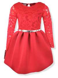 Rozkloszowana sukienka z pianki Koronka Pasek-czerwona 92