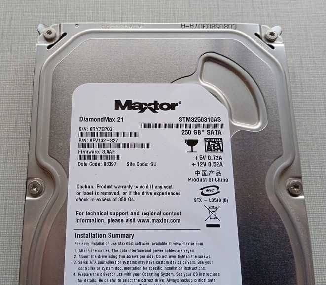 Винчестер жёсткий диск для ПК Maxtor SATA 250 Гб, рабочий.