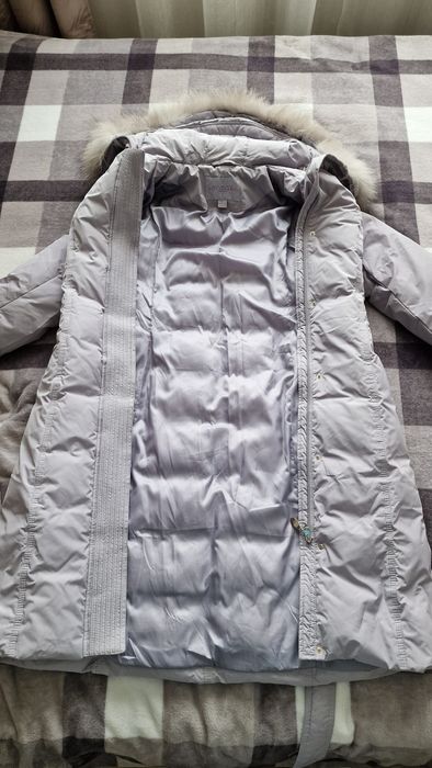 Ciepły szary płaszcz puchowy z kapturem jak nowy