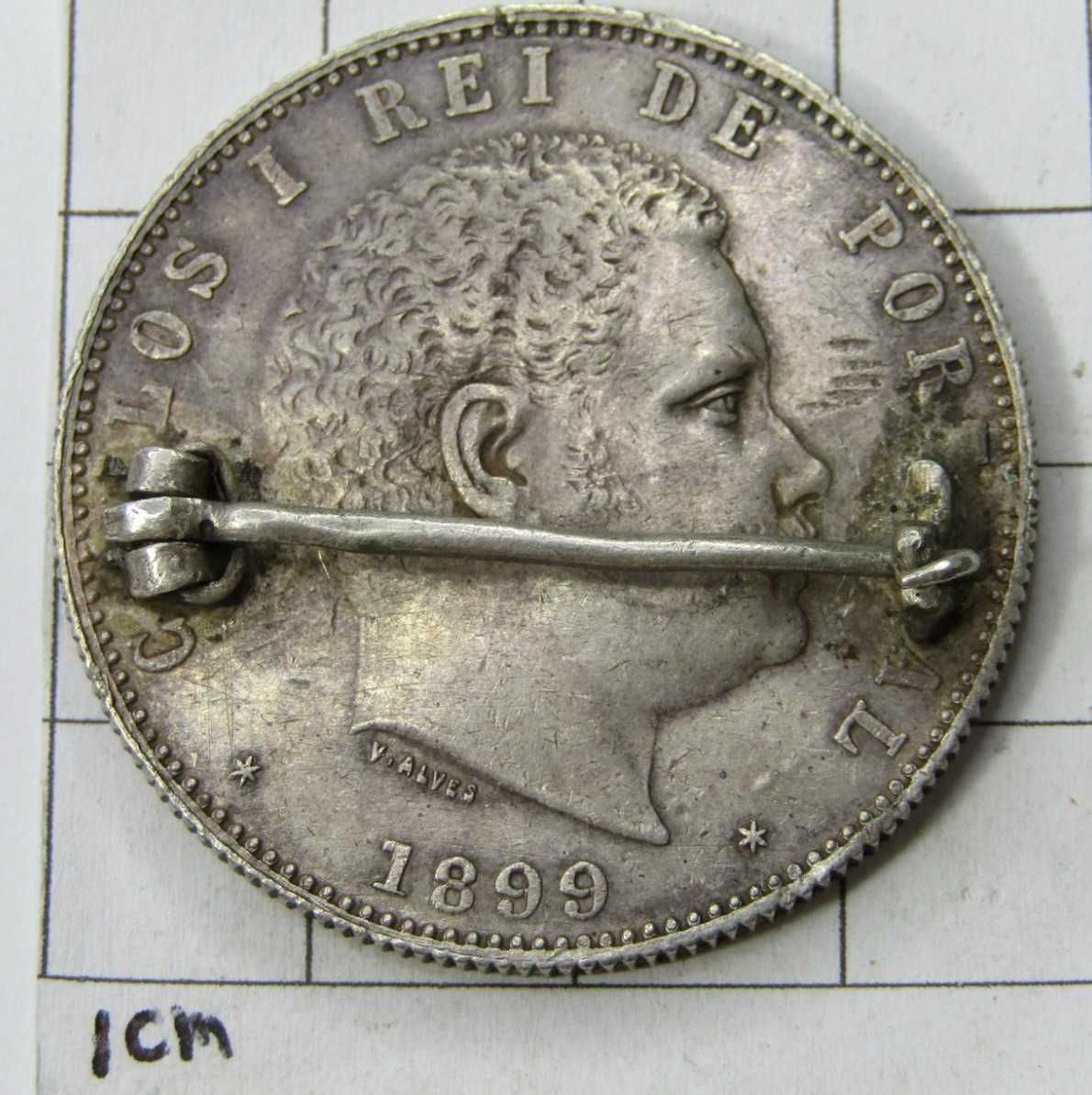 1899 Portugal Silver 1000 Reis Coin Brooch