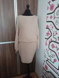 Beżowa sukienka sweterkowa L xL 40 42 bufiaste rękawy rozcięte