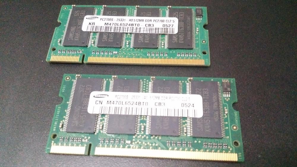 2 Memórias SoDimm DDR Samsung PC2700 de 512MB CL2.5