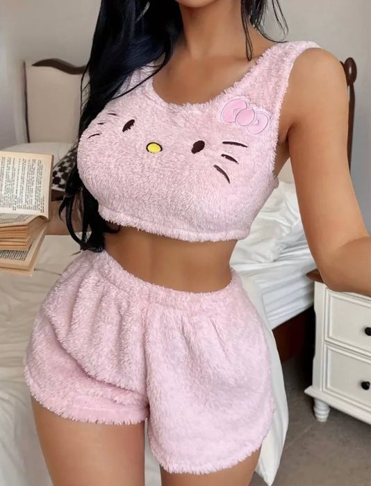 Жіноча піжама Kitty. Тепла махрова, на зиму. Топ та шорти