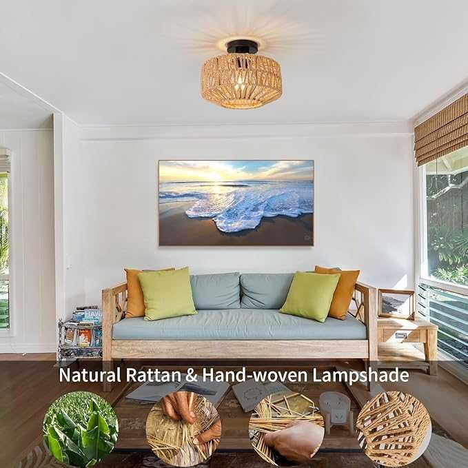 Lampa sufitowa FORCOSO z kloszem ratanowym Ø 25 cm, styl boho