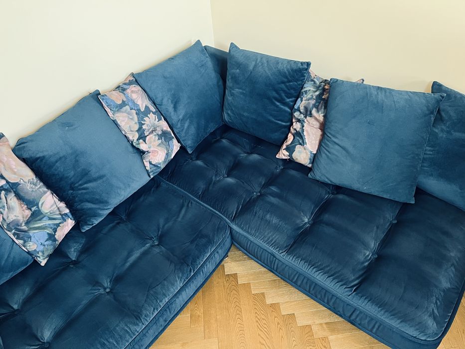 Sofa narożnik granatowa Befame Belavio welur