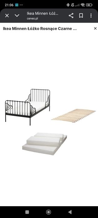Ikea Minnen Łóżko Rosnące Czarne + Materac