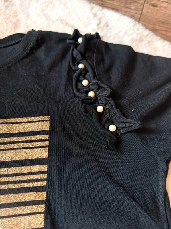 Czarny t-shirt z złotym nadrukiem Coco i perełkami, krótki rękaw, S,36
