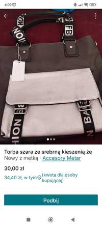 Torebka szara ze srebrną kieszenią