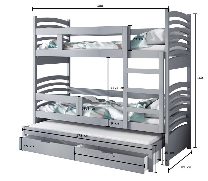 Łóżko piętrowe Janek 3 osobowe, materace 160x75 | 180x75 gratis