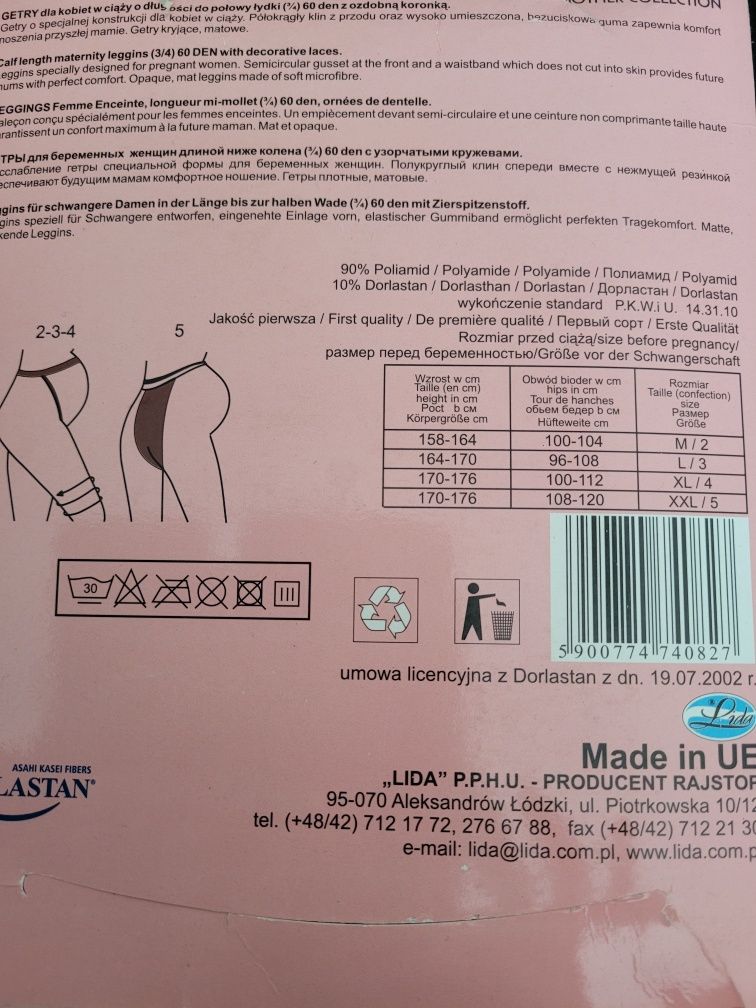 Legginsy ciążowe 3/4 z koronką r.5 (xxl)  60 den kolor czarny nowe