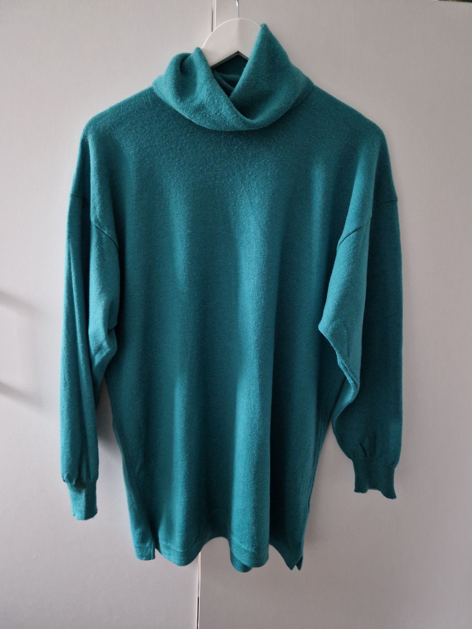 Miękki turkusowy sweter z 100% wełny dziewiczej, L/XL, klasyczny, casu
