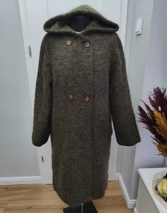 zielony khaki płaszcz wełniany z kapturem Viasassi rozmiar L