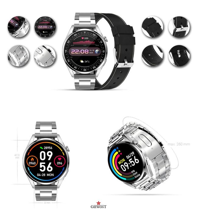 smartwatch giewont gw450-5 srebrny + pasek czarny skórzany