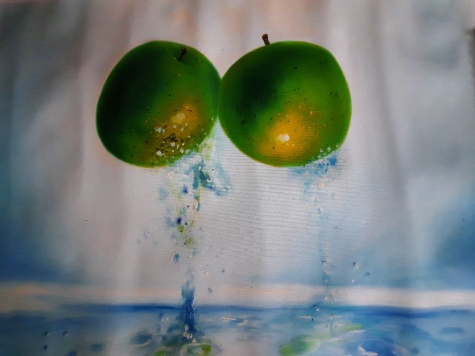 Obraz stary olej płótno jabłka zielone martwa natura przyleciał z USA