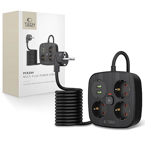 Tech-Protect Pcs3X4 Power Strip 2 Usb & 2 Type-C & 3 Socket 200Cm Blac