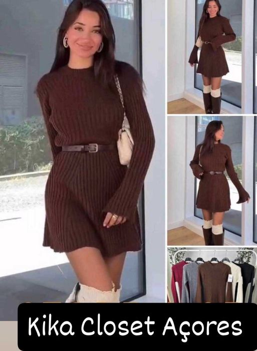 New Collection e Tendência Vestido de Malha Castanho Entrega imediata