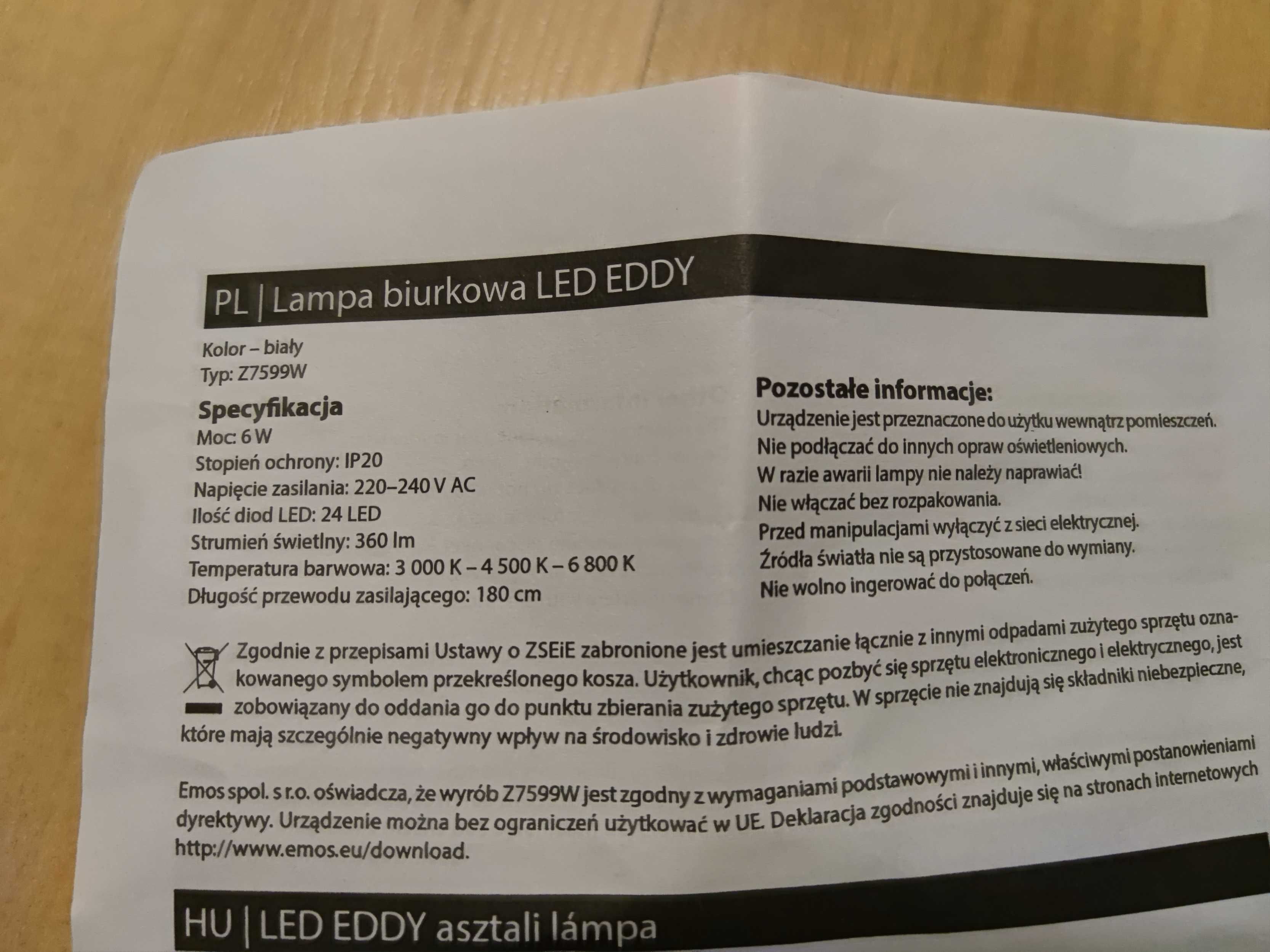 Lampa lampka biurkowa Emos Led Eddy Biała Z7599W  Nowa