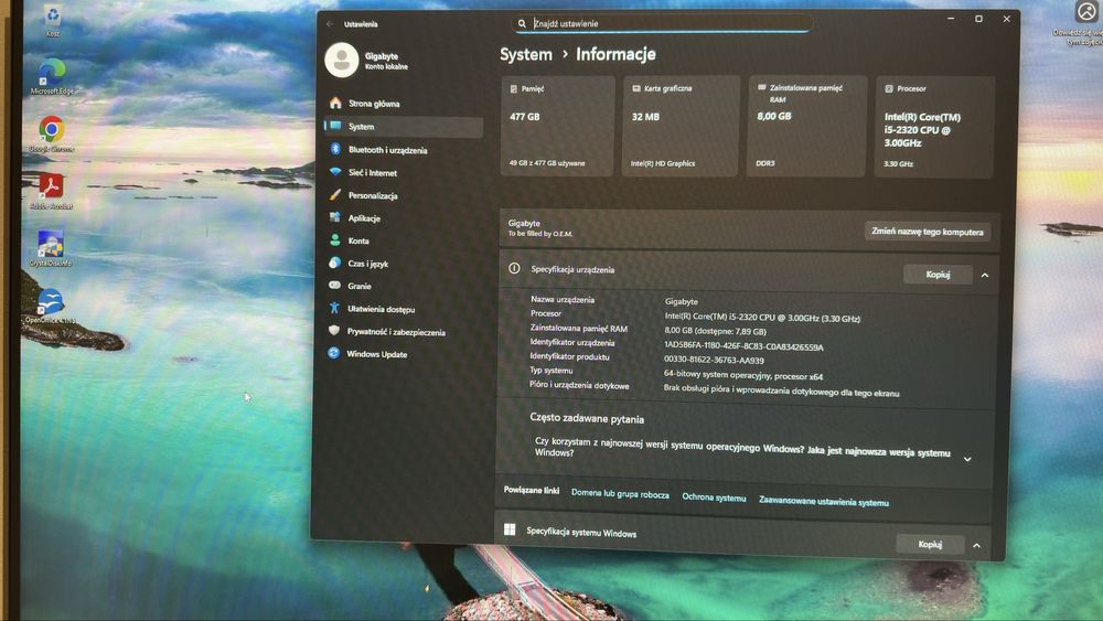 Komputer stacjonarny intel i5 8gb ram 500gb ssd win 11 pro