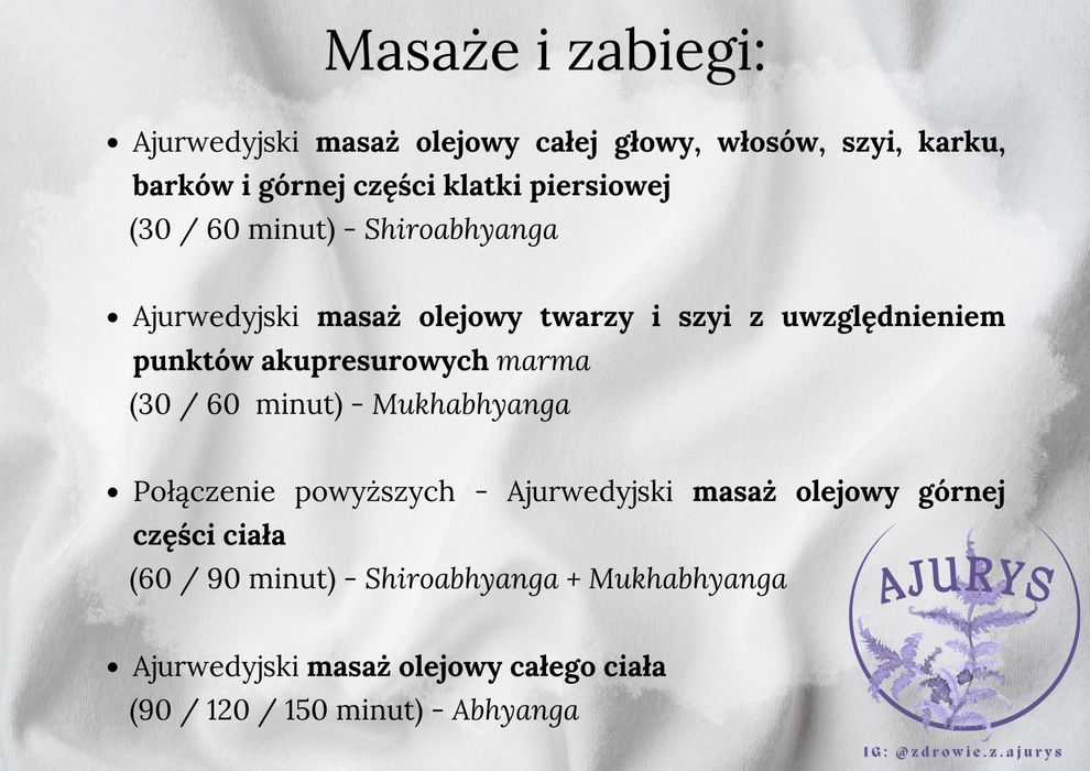 Masaż ajurwedyjski, olejowy - całe ciało / twarz / plecy - dla kobiet