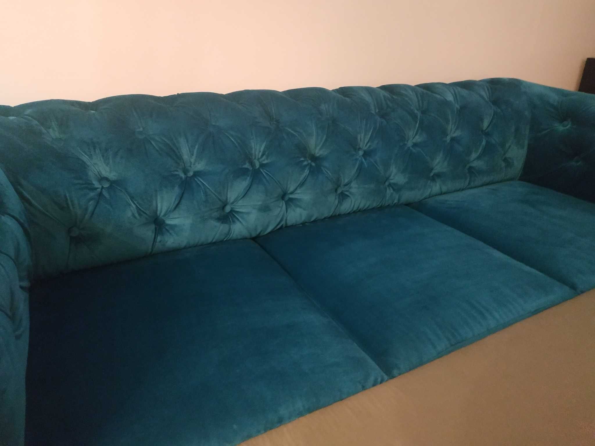 CHESTERFIELD turkusowa sofa morska piękna rozkładana kanapa welurowa