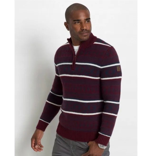 Bonprix Sweter Półgolf Bordowy Wzór Paski Zamek Długi Rękaw S/M 44-46