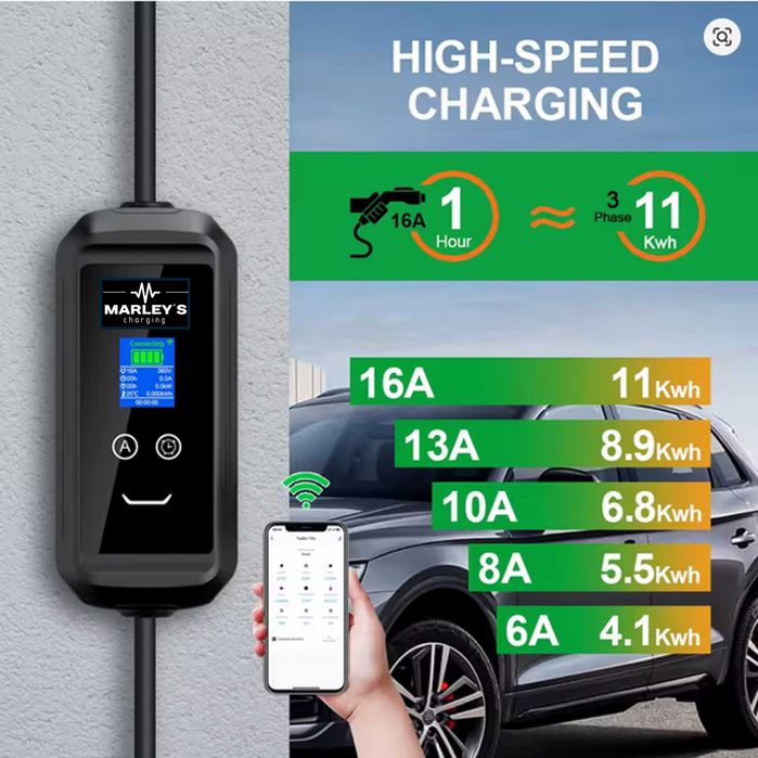 Carregador Portátil 11 kw - 16A - Sup. Parede - WI-FI e APP - 7 METROS
