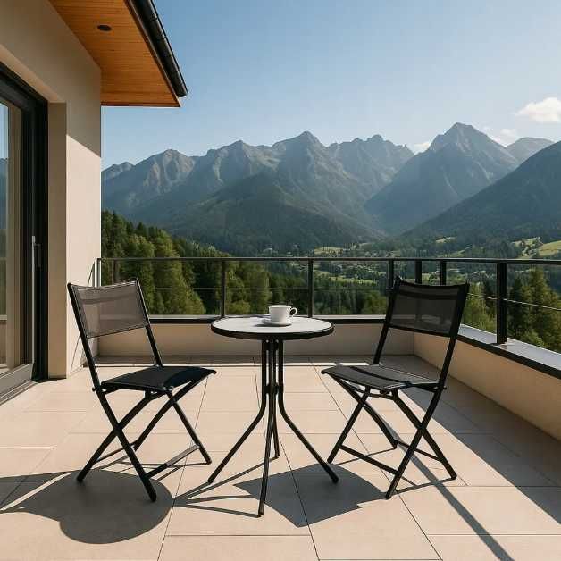 Zestaw Balkonowy Ogrodowy 2 Składane Krzesła Okrągły Stolik Stabilny