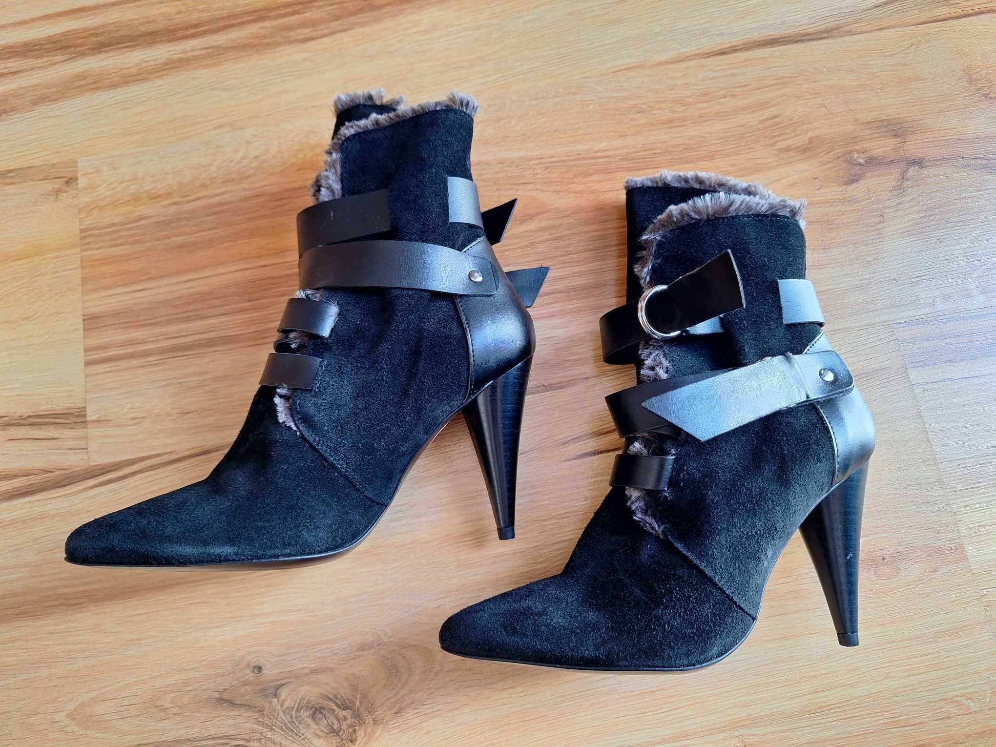 buty botki MNG skóra czarne skórzane Mango ozdobne futerko