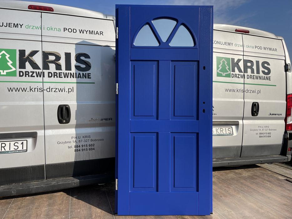 Drzwi zewnętrzne drewniane AngielskieNa wymiar niebieskie MontażPOLSKA