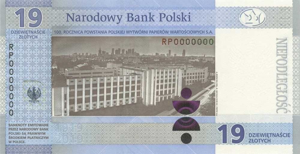 Banknot 19 zł / 2019 r 100-lecie powstania PWPW w etui + Folder