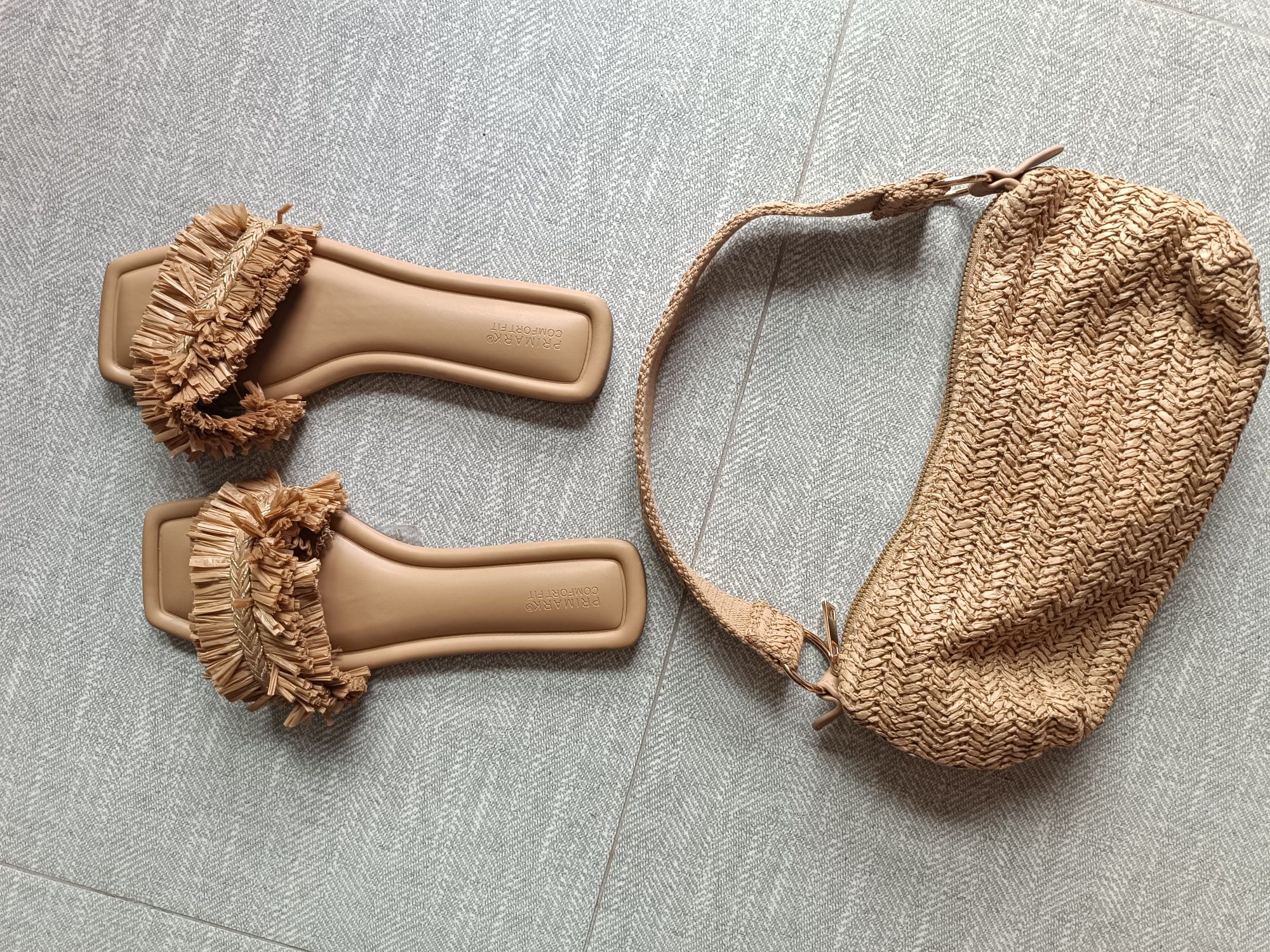 Zestaw klapki 39 torebka Primark Boho plecione natural