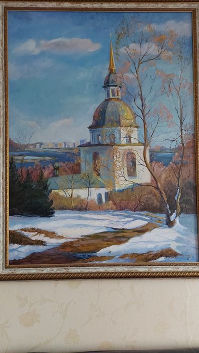 Картина маслом,,холст пейзаж"Весна"  Коркишко В.А. 2000г, 102 ×76,храм